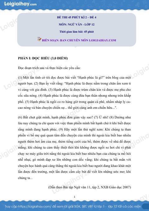 Đề kiểm tra 45 phút kì II Ngữ văn 12 - Đề số 4 có lời giải chi tiết